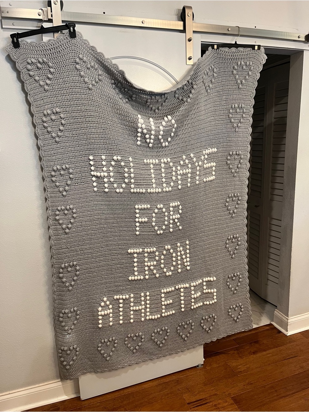 Handmade Gray popcorn styleCrochet Throw Blanket - No Holidays For Iron Athletes